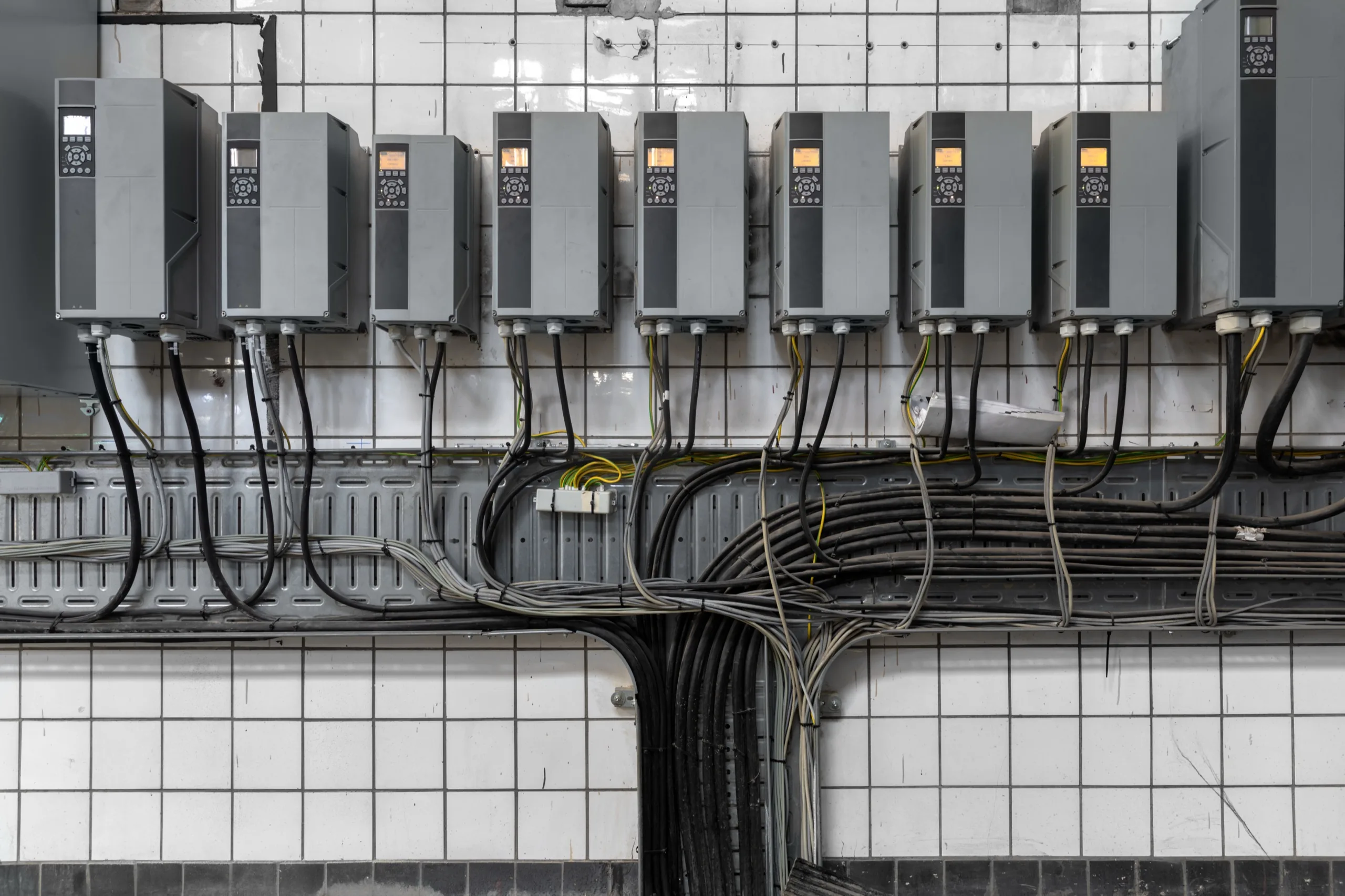 Imagen de referencia: variadores de frecuencia y bandeja portacables en una instalación eléctrica hospitalaria